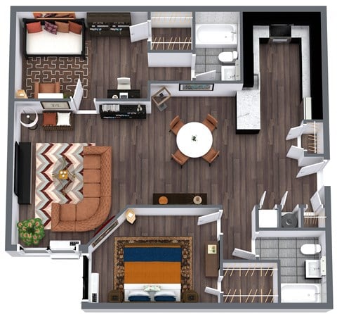 Floor plan for 1 bed, 2 baths, 1090 sqft